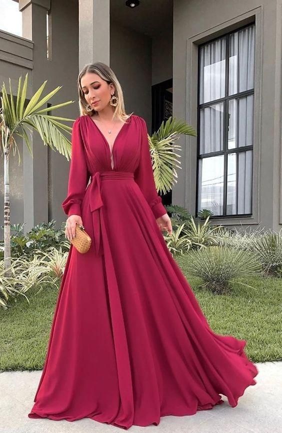 V Neck Long Sleeves Prom Dresses   cg12229