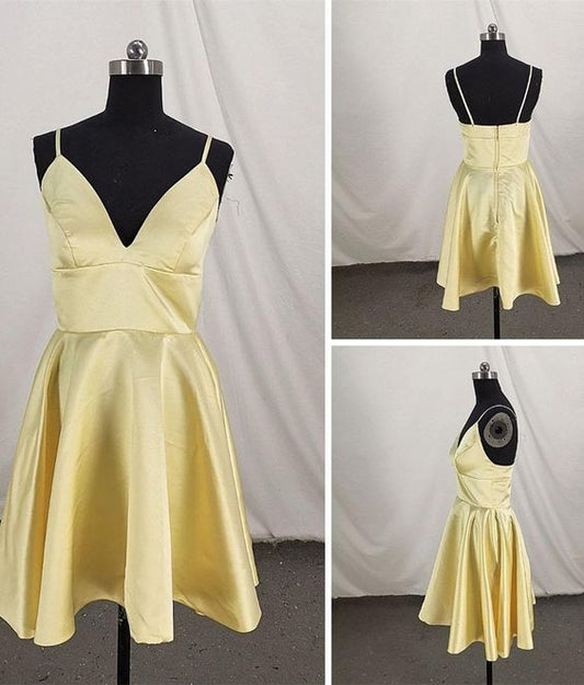 Cute Satin Straps Knee Length Party Dress, Light Yellow Homecoming Dress    cg12264