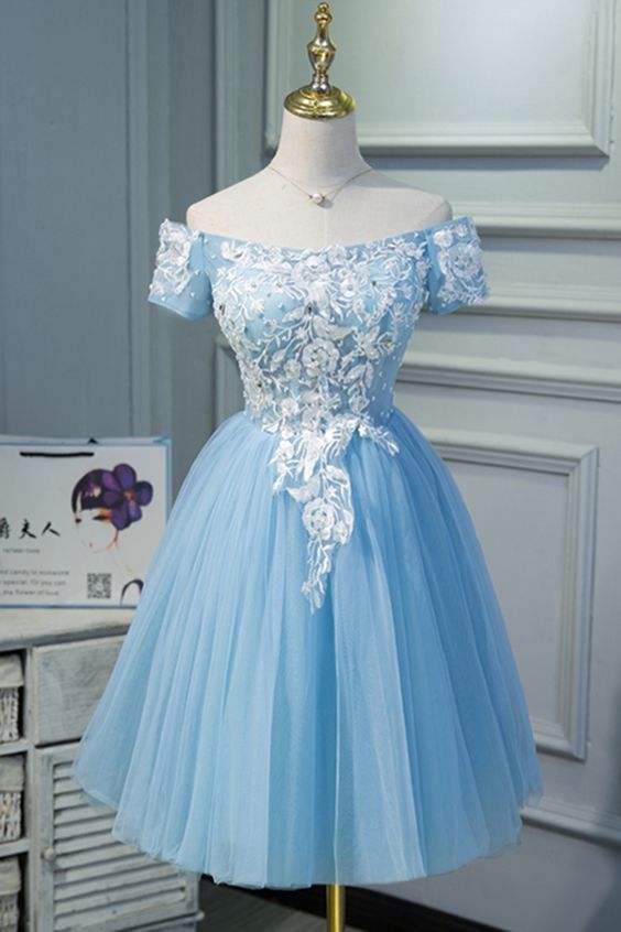 Cute Blue Tulle Off Shoulder Knee Length Homecoming Dress With Sleeves    cg12286