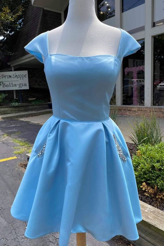 short A-line light sky blue satin homecoming dress with cap sleeves   cg12341