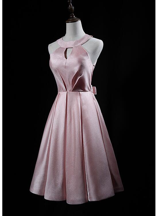 Pink Cute Short Satin Halter Homecoming Dress With Bow   cg12410