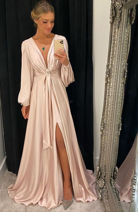 A-Line V-Neck Long Prom Dress with Split   cg12428