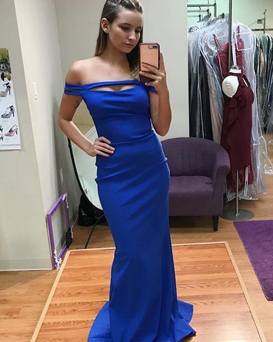 Long Off the Shoulder Royal Blue Cutout Satin Mermaid Prom Dress    cg12482