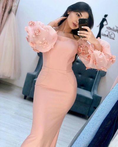 Pink Long Sleeve Flowers Mermaid Prom Dress   cg12514