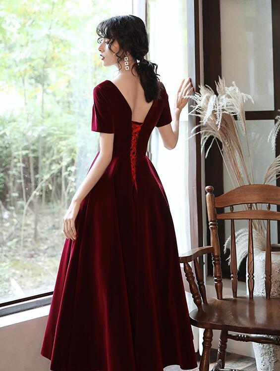 Wine Red Tea Length Short Sleeves Vintage Style Party Dress, Velvet Bridesmaid Dress Prom Dress   cg12524