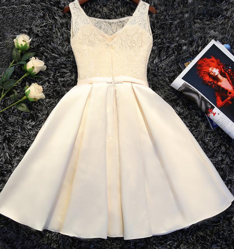 Ivory Satin Lace Round Neckline Knee Length Party Dress Homecoming Dresses cg12555