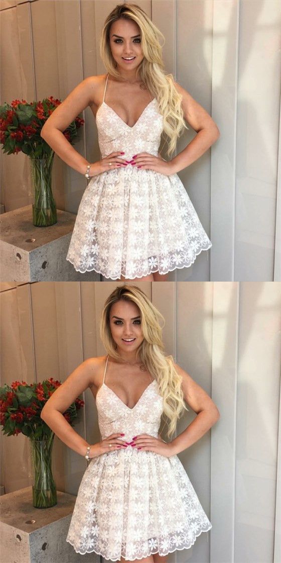 Sexy V-neck Spaghetti Straps Short White Lace Homecoming Dresses cg1258