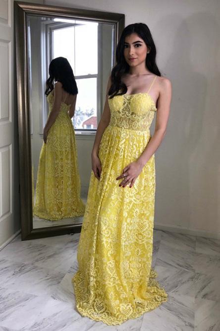 Charming A-Line Spaghetti Straps Floor-Length Yellow Lace Prom Dress    cg12625