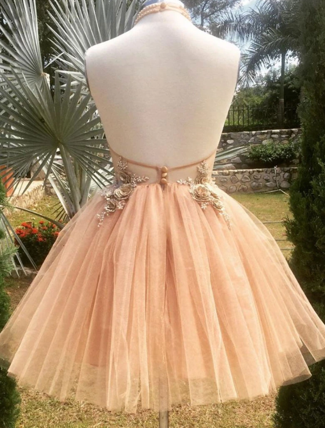 Champagne high neck tulle lace short dress tulle formal dress homecoming dress    cg12654