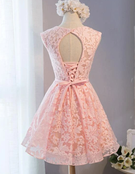 Pink Lace Knee Length Party Dress, Homecoming Dress     cg12689