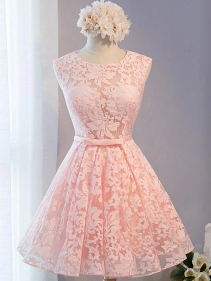 Pink Lace Knee Length Party Dress, Homecoming Dress     cg12689