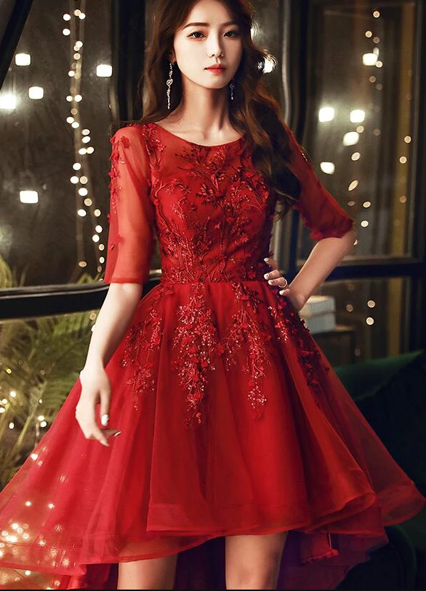 Dark Red High Low Tulle Short Sleeves Flowers Party Dress, Homecoming Dress    cg12691