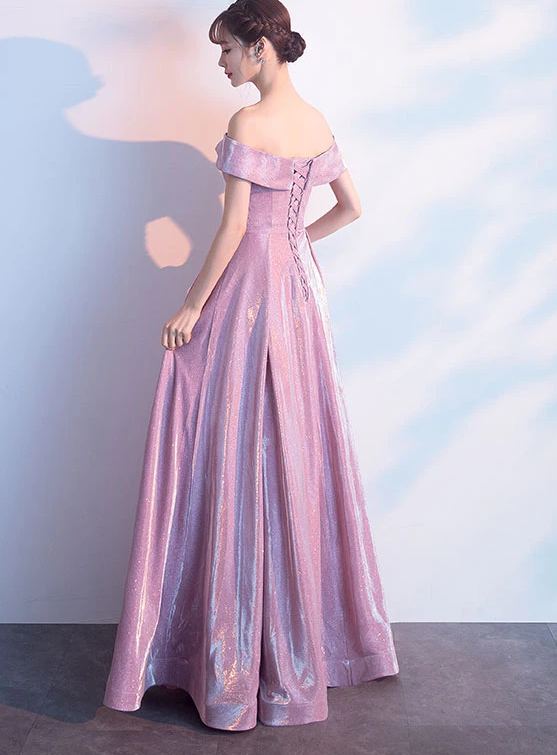 Beautiful Off Shoulder Pink Shiny Long Bridesmaid Dress, Cute Prom Dress   cg12692