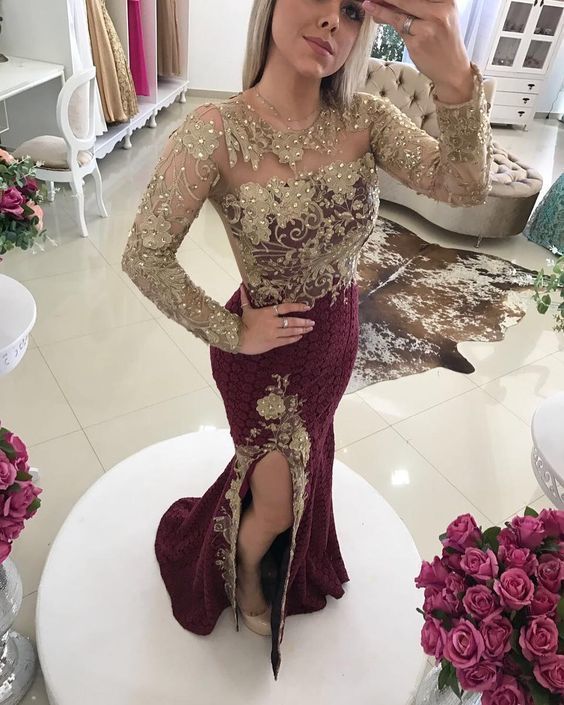 Long Sleeve Prom Dress,Mermaid Prom Dress With Split   cg12774