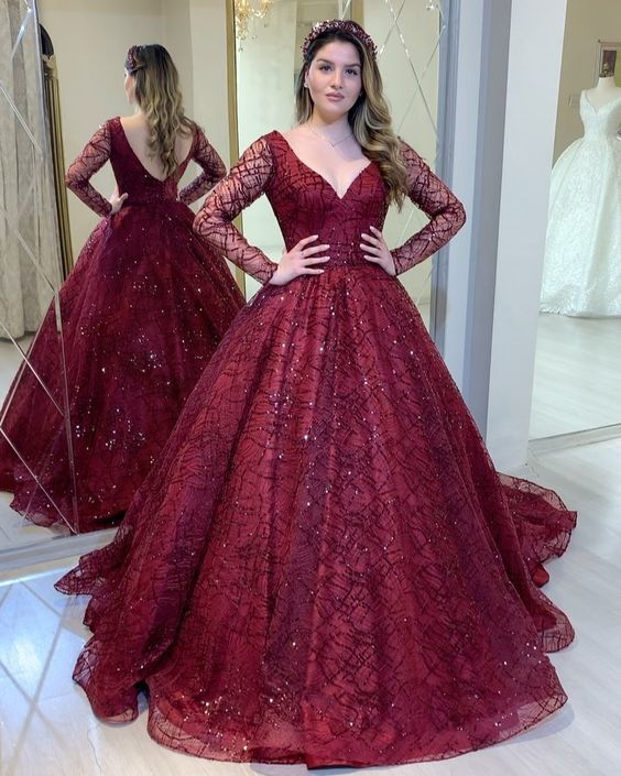 Burgundy prom dresses , long sleeves sparkly prom dress   cg12848