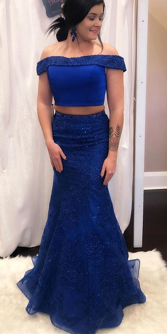 Two Piece Royal Blue Mermaid Prom Dress    cg12877