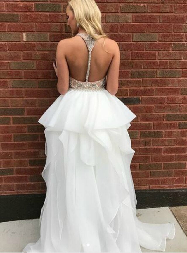 Sexy Hi Lo Spaghetti Straps Organza Backless Prom Dress With Beading   cg12919