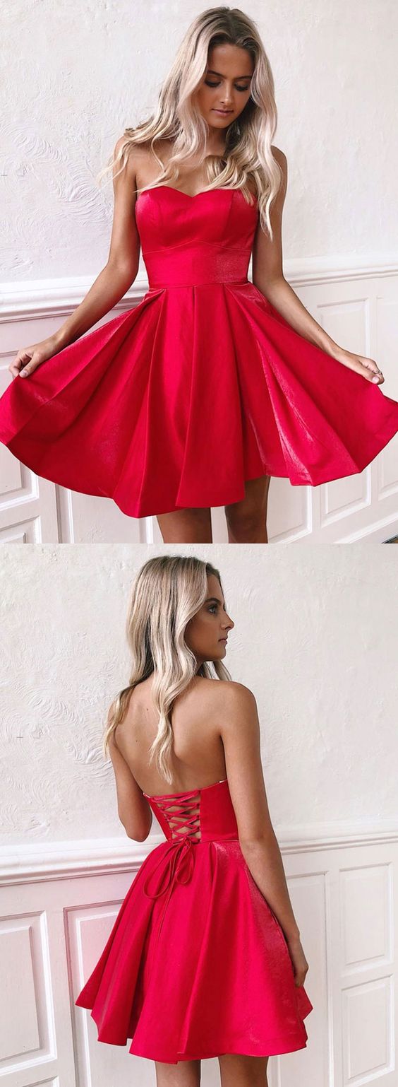 Red sweetheart neck satin short dress, homecoming dress cg1296