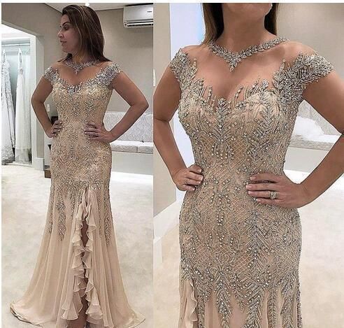 Gorgeous Beaded Side Slit Mermaid Prom Dress with Cap Sleeve, Long Evening Dress   cg12969