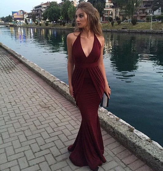 Maroon prom dresses, Halter prom dresses, Mermaid prom dresses    cg12985