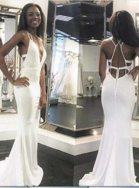 White Mermaid Prom Dress Prom Dresses Halter Sleeveless    cg12990