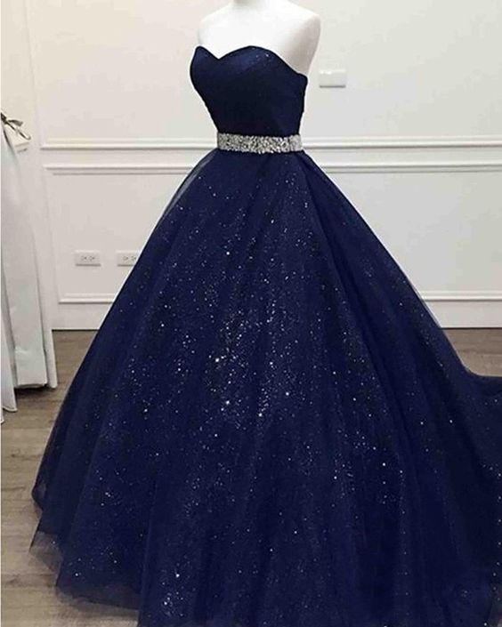 Long navy blue sparkle sweetheart tulle prom dress with beading belt cg1300