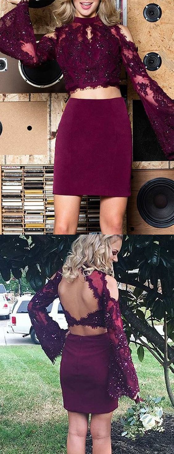 Maroon Two Piece Lace Beading Sheath Long Sleeve Homecoming Dresses cg1308