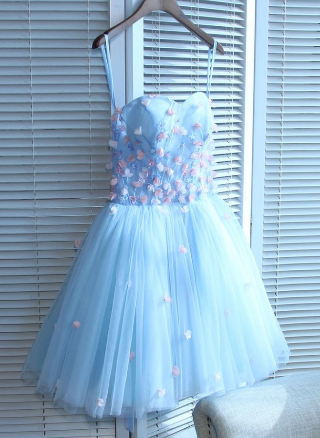 Light Blue Sweetheart Short Handmade Party Dress, Blue Flowers Homecoming Dress   cg13080