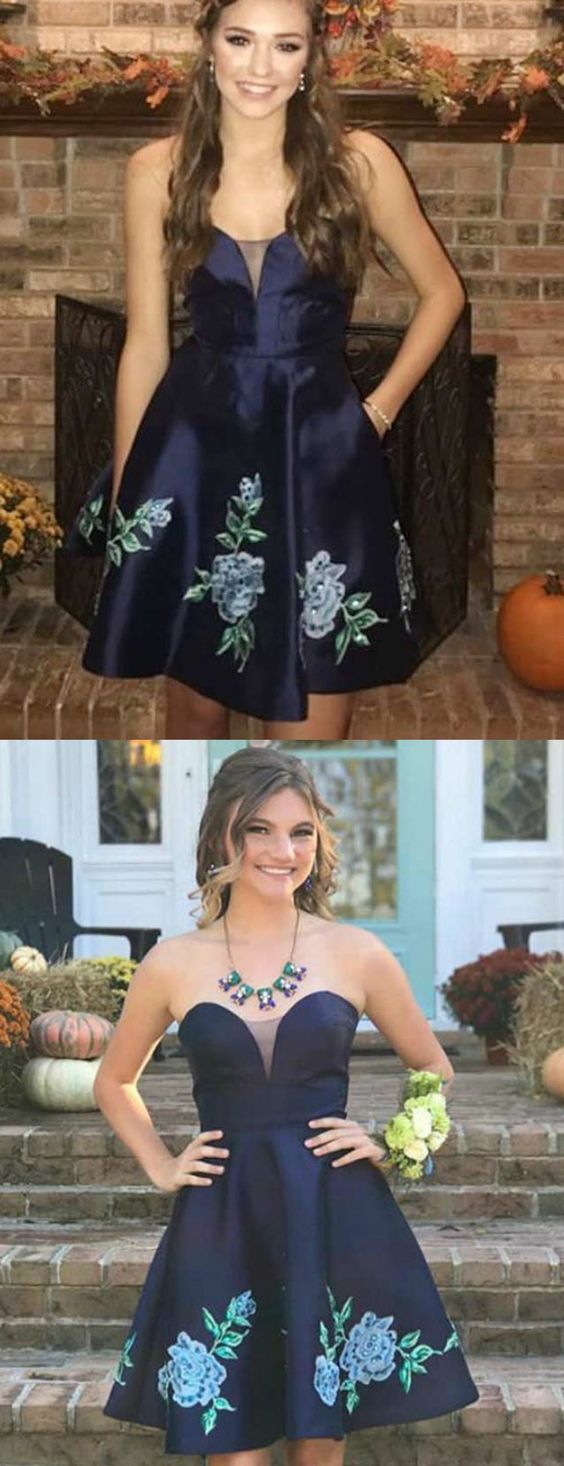 Navy Blue Strapless Floral Appliques Satin Homecoming Dresses cg1311