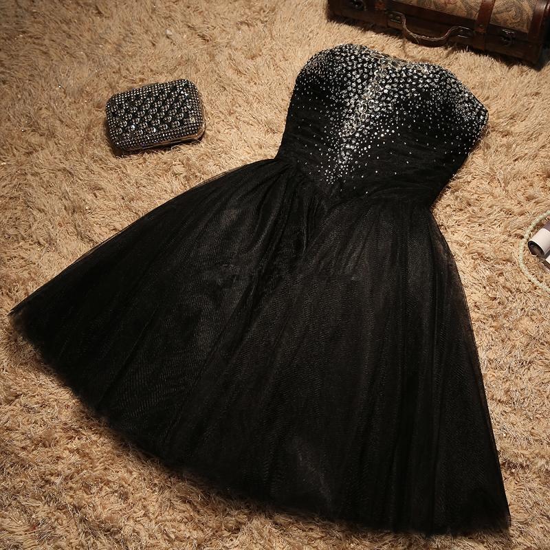 Black Sparkle Beaded Sweetheart Tulle Black Homecoming Dress    cg13176