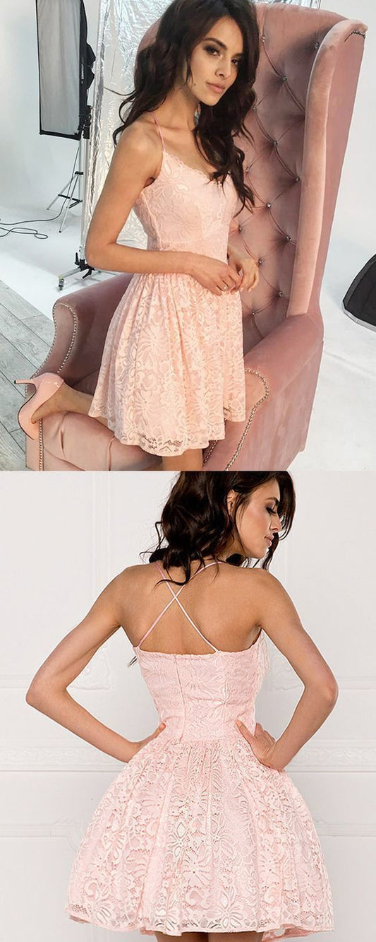 A-line Spaghetti Straps Blush Pink Lace Homecoming Dress   cg13247