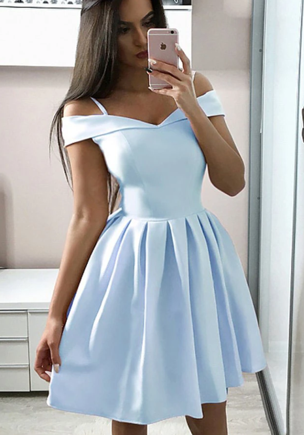 Homecoming Dress Blue off shoulder satin short prom dress blue cocktail dress   cg13264