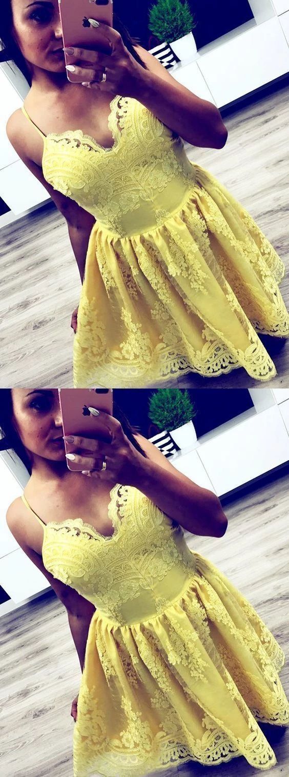 Spaghetti Straps Yellow Lace Short Homecoming Dress    cg13278