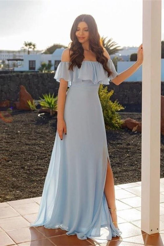 Flower Off The Shoulder Sky Blue Chiffon Long Elegant Prom Dresses  cg1331