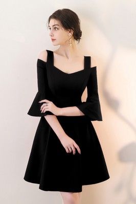 Black Short Homecoming Dress Aline with Bell Sleeves   cg13319