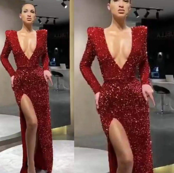 sequins prom dresses 2020 deep v neck long sleeve side slit mermaid evening dresses formal dresses  cg13648