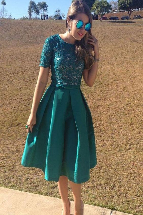 Green Lace Homecoming Dress Scoop Knee-length Short homecoming Dress, cg1367