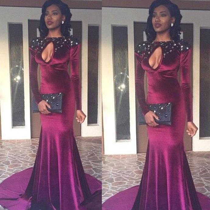 burgundy prom dresses 2020 keyhole crystal long sleeve mermaid court train velvet evening dresses   cg13696