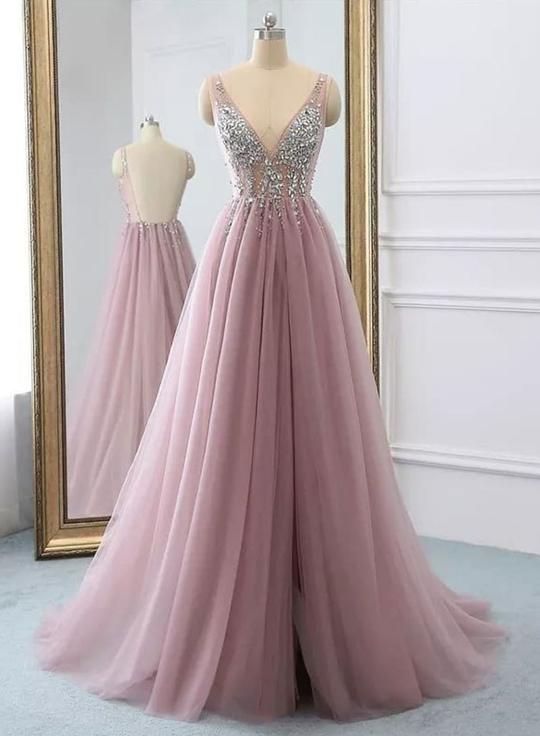 Pink v neck tulle beads long prom dress, evening dress cg1375