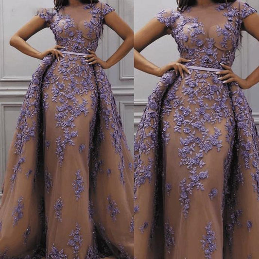 lace prom dresses sheer crew neck cap sleeve detachable skirt evening dresses    cg13917