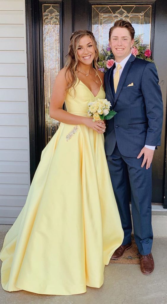 A Line V-Neck Floor Length Yellow Prom Dress With Pockets  cg1402