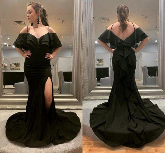 Black Mermaid Prom Dresses Spaghetti Backless Side Split Sweep Train Ruffles Long Formal Women Evening Party Gowns   cg14025