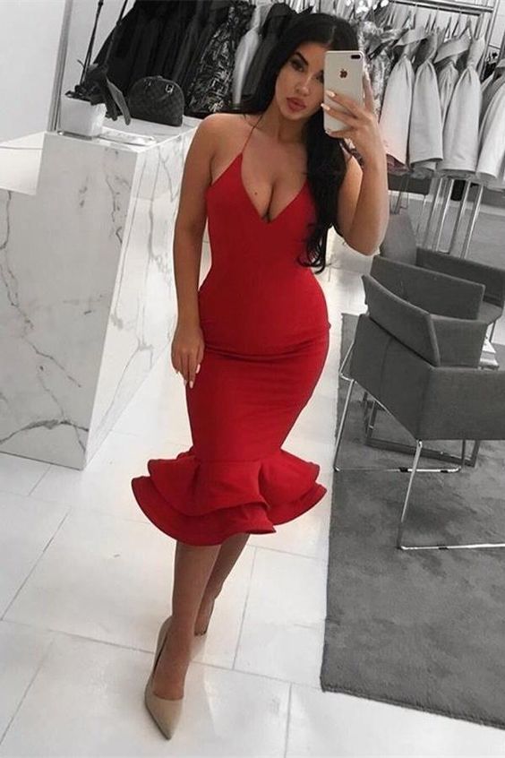 Spaghetti Straps Short Mermaid Red Sheath Simple Beauty Homecoming Dresses    cg14059