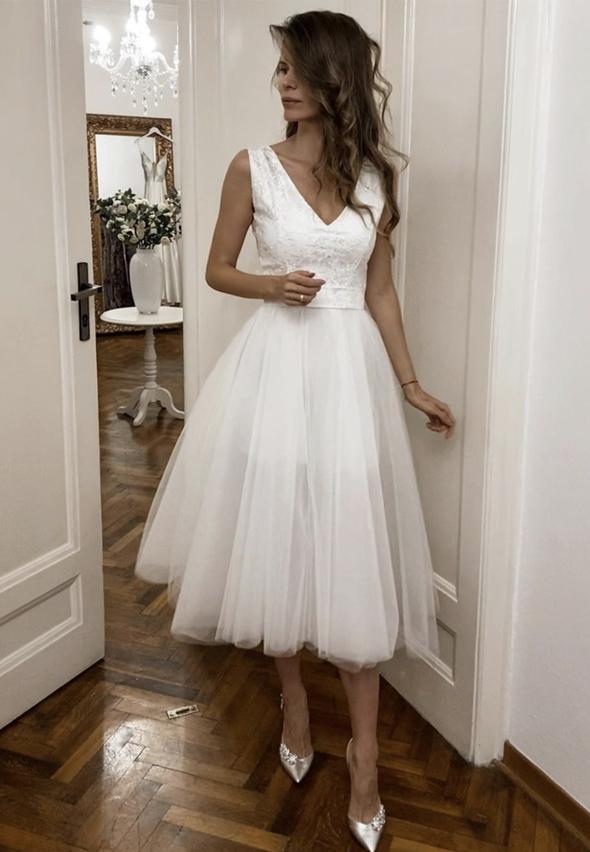 White v neck tulle short prom dress evening dress   cg14077