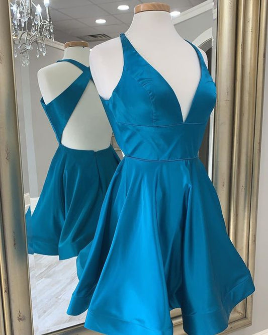 Simple Blue Short Satin Homecoming Dress   cg14100