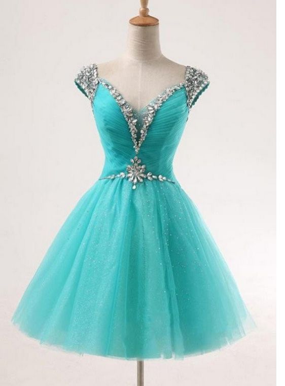 Teal V-neck A-line Short Tulle Beaded Homecoming Dresses   cg14140