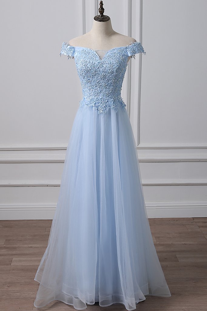 BLUE TULLE LACE OFF SHOULDER LONG PROM DRESS, BLUE EVENING DRESS cg1421