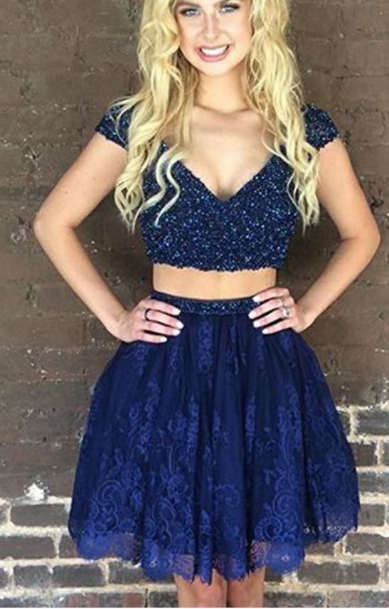 Blue Homecoming Dresses,Two Pieces Homecoming Dresses,Beaded Lace Homecoming Dress   cg14212