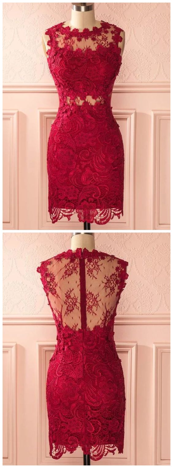 Homecoming Dresses Sheath Red Lace Dress   cg14216