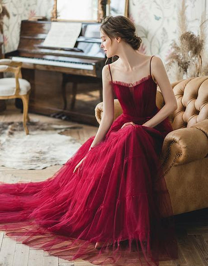 Burgundy tulle long prom dress, burgundy tulle evening dress cg1426